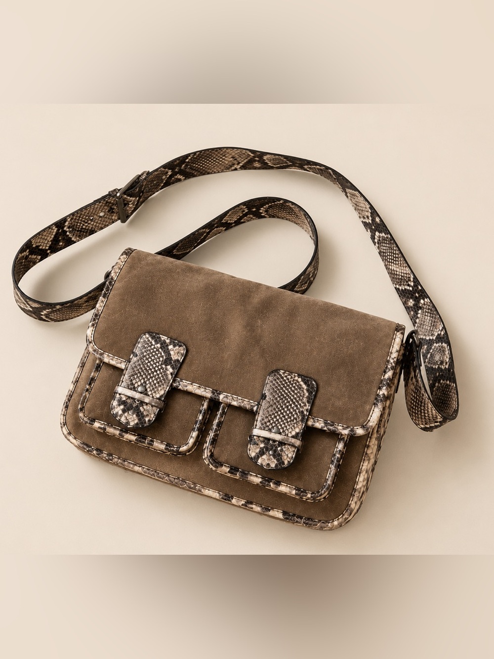 Michael Kors Brown Suede Python Snake Print Messenger Crossbody Satchel Bag Luxe